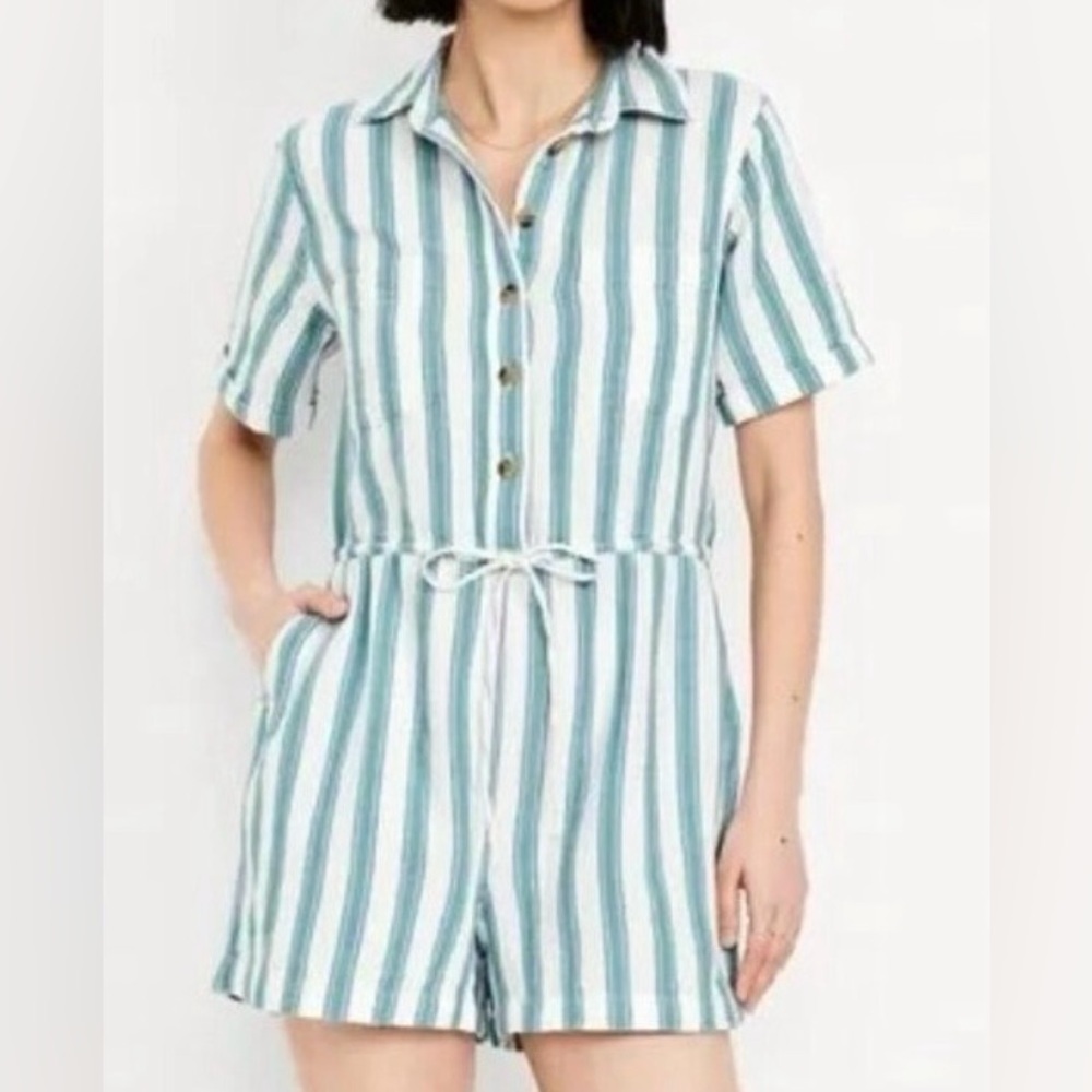 Old Navy Striped Short-Sleeve Utility Jumpsuit - Teal & White